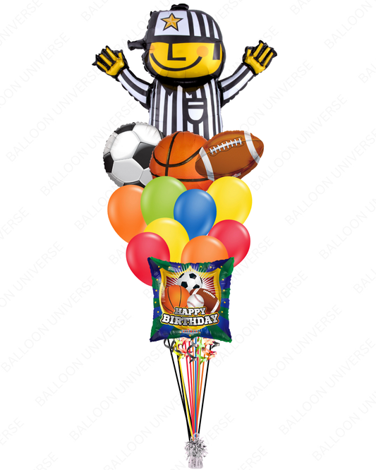 Balloon bouquet with sports-themed balloons and a referee