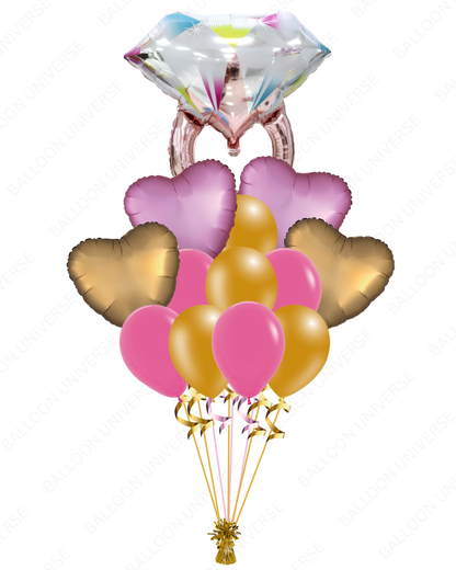 Pink Diamond Ring with Heart Mylar & Latex Balloons / Helium Filled