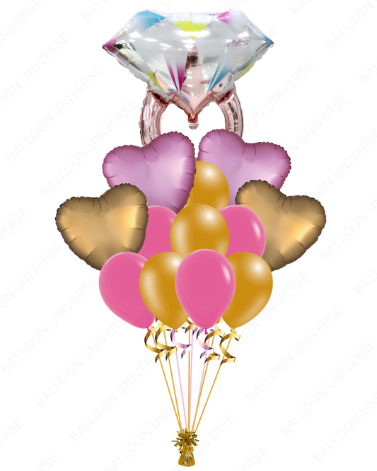 Pink Diamond Ring with Heart Mylar & Latex Balloons / Helium Filled