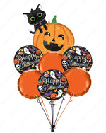 Halloween-themed balloon bouquet with pumpkins, ghosts, and a black cat 