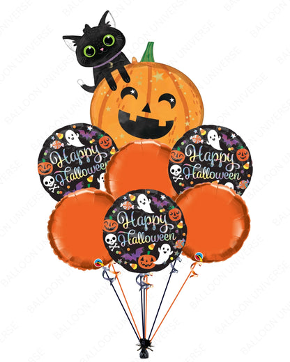 Halloween-themed balloon bouquet with pumpkins, ghosts, and a black cat 