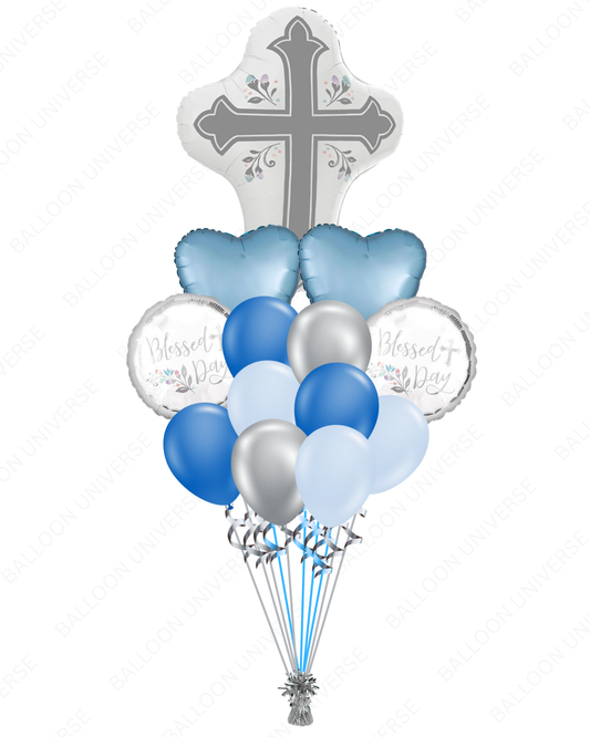 Balloon bouquet with blue, silver, and white balloons featuring a cross balloon