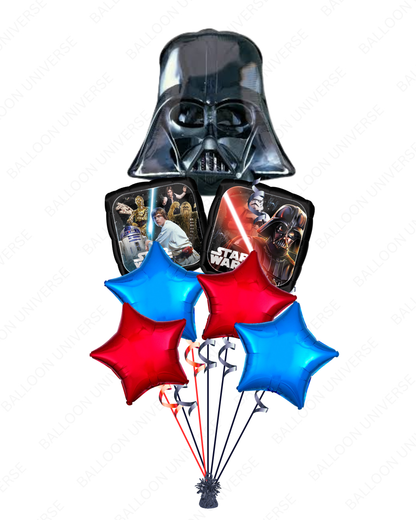 Star Wars-themed balloon set with Darth Vader helmet and red and blue star-shaped balloons 