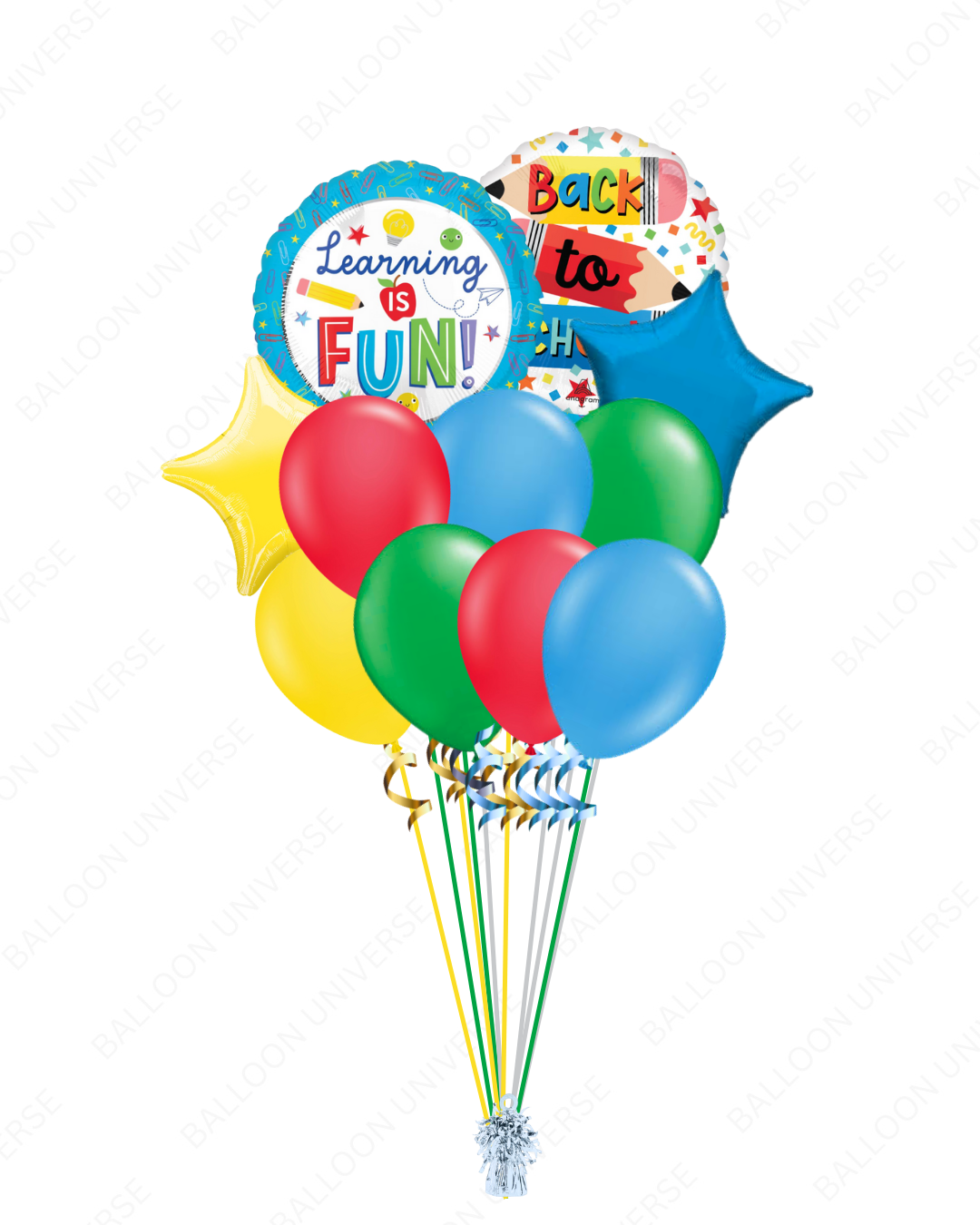 Colorful balloons with 'Back to School' and 'Learning is Fun!' round maylar balloons