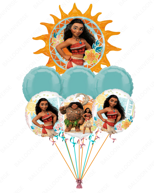 Balloon set featuring characters from Moana and maui with a sun design  