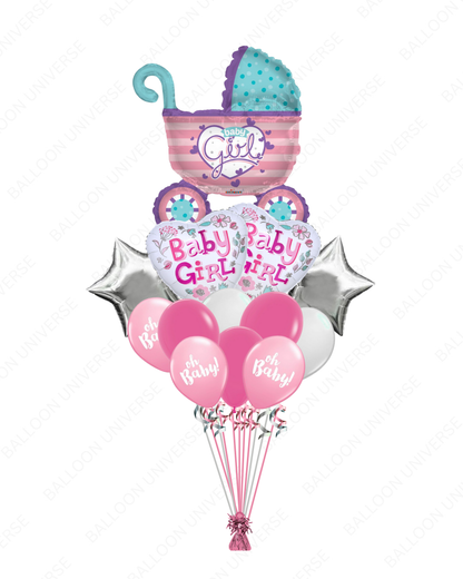Sweet Baby Girl Stroller Balloon Bouquet - Pink & Silver Theme
