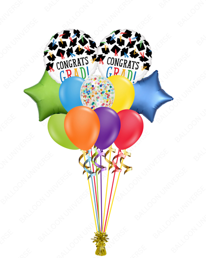 Colorful Graduation Balloon Bouquet |"Congrats Grad" Hat Mylar & Confetti