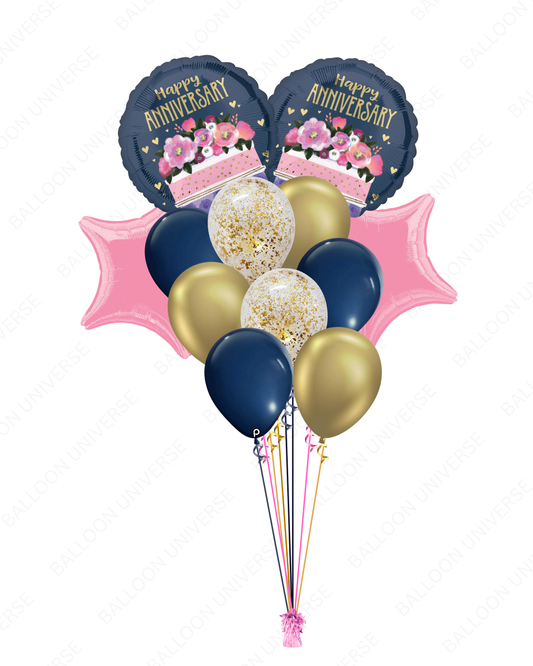 Elegant Gold & Blue Happy Anniversary Balloon Bouquet