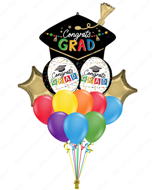 Graduation-themed balloon bouquet with colorful balloons and 'Congrats Grad' 