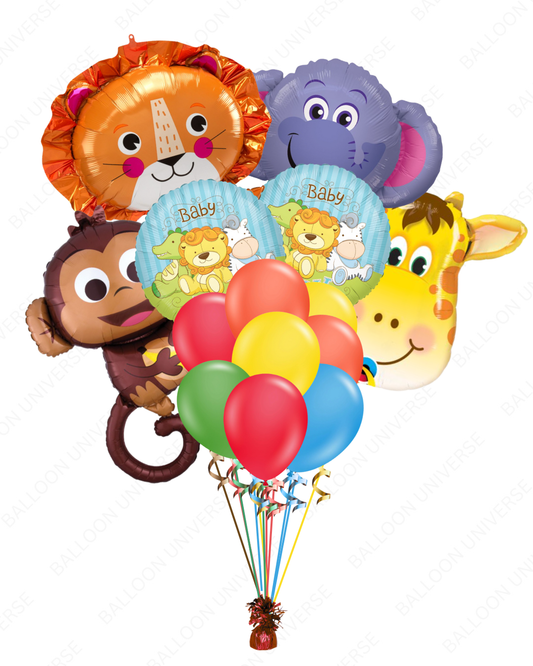 Jungle Animal Balloon Bouquet - Giraffe, Monkey, Lion & Elephant with Baby Rounds