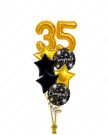 Custom Gold Number Balloon Bouquet with Stars & Congrats Foil