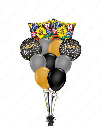 Old Age Ahead Mylar and latex balloon set in black and gold