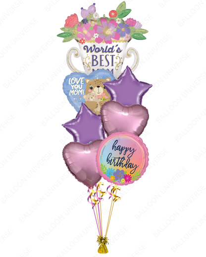 Balloon bouquet with 'World's Best Mom' and Happy Birthday mom round balloons