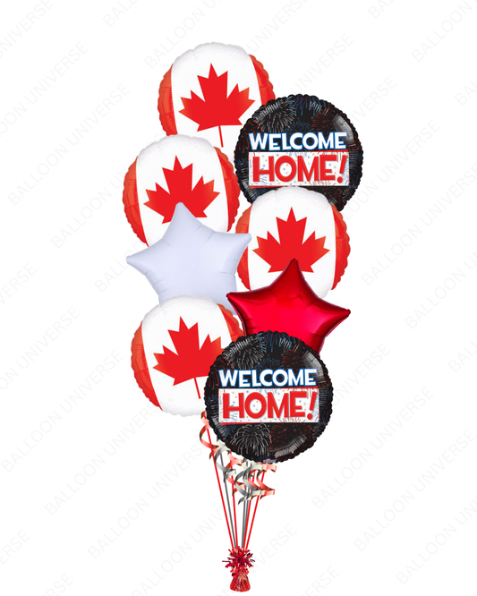 Balloon bouquet with Canadian flag design and 'Welcome Home!' balloons