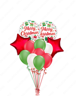 Christmas-themed balloon bouquet with red, green, and white balloons and a 'Merry Christmas' balloon.