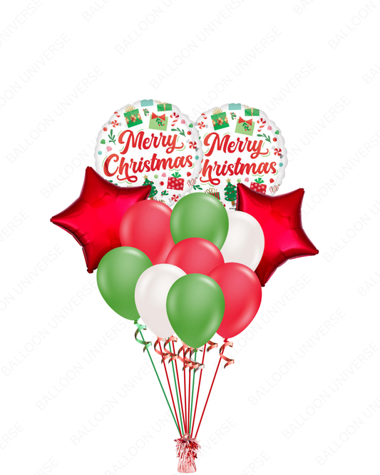 Christmas-themed balloon bouquet with red, green, and white balloons and a 'Merry Christmas' balloon.