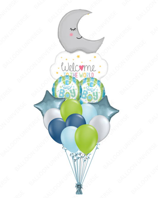 Welcome to the World Baby Boy Moon Balloon Bouquet