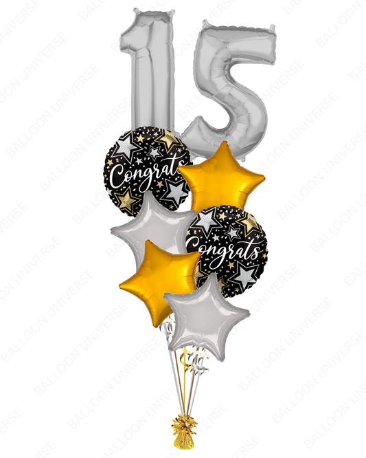 Elegant Silver Number Balloons with Congrats & Star Mylar (Customizable)