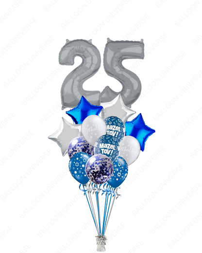mazel tov and bar mitzvah balloon bouquet with custom silver number balloons for bar mitzvah celebration 