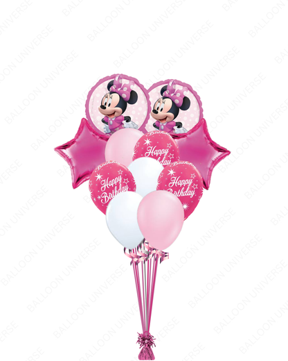 Minnie Mouse-themed balloon bouquet with pink and white balloons  