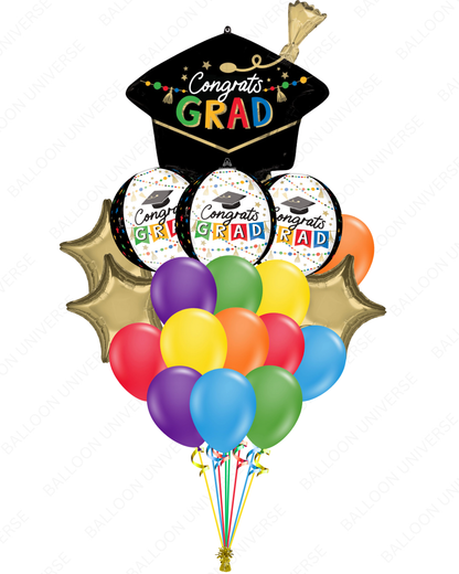 “Congrats Grad” SuperShape Balloon Bouquet with Round & Star Mylar, Rainbow Colours Latex