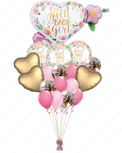 Sweet Baby Girl Balloon Set with Gold Heart & Confetti