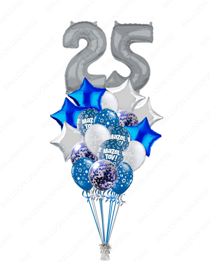 Blue & Silver Mazel Tov Balloon Bouquet with Customizable Number Balloons