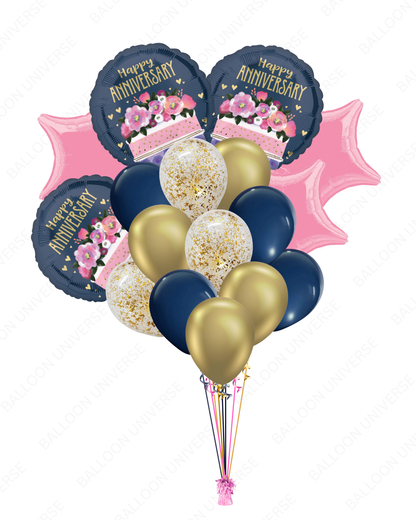 Elegant Gold & Blue Happy Anniversary Balloon Bouquet