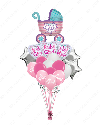 Sweet Baby Girl Stroller Balloon Bouquet - Pink & Silver Theme
