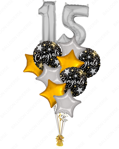 Elegant Silver Number Balloons with Congrats & Star Mylar (Customizable)