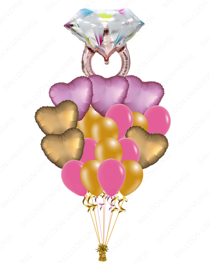 Pink Diamond Ring with Heart Mylar & Latex Balloons / Helium Filled