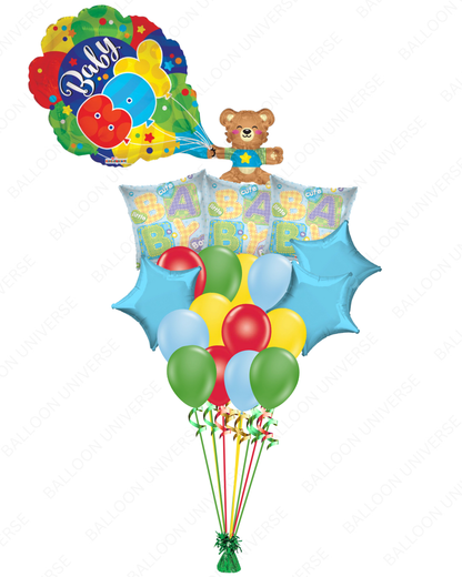 Helium Filled Teddy Bear Baby Boy Balloon Bouquet