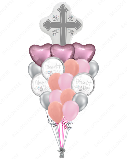 Blessed Day Religious Cross Balloon Set -  Pink, Rose Gold & Silver Balloons