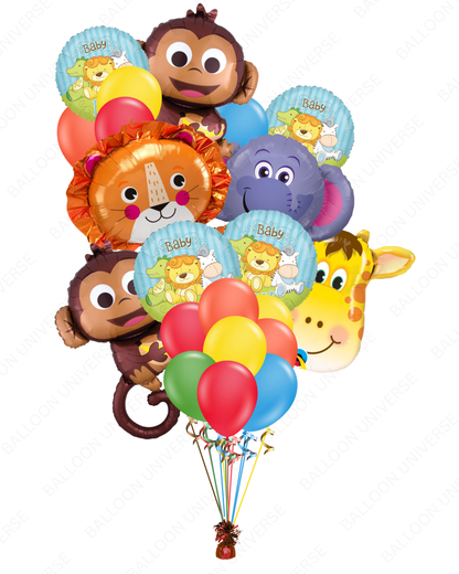 Jungle Animal Balloon Bouquet - Giraffe, Monkey, Lion & Elephant with Baby Rounds