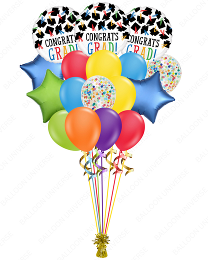 Colorful Graduation Balloon Bouquet |"Congrats Grad" Hat Mylar & Confetti