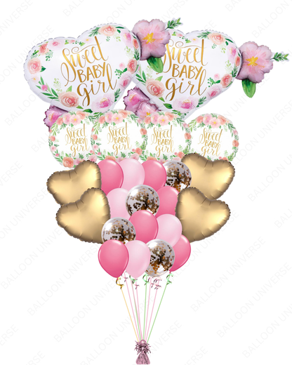 Sweet Baby Girl Balloon Set with Gold Heart & Confetti