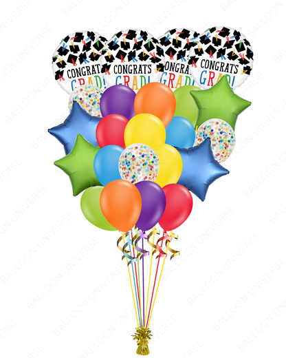 Colorful Graduation Balloon Bouquet |"Congrats Grad" Hat Mylar & Confetti