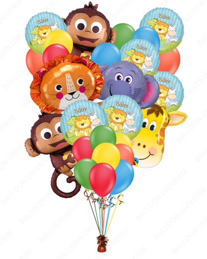 Jungle Animal Balloon Bouquet - Giraffe, Monkey, Lion & Elephant with Baby Rounds