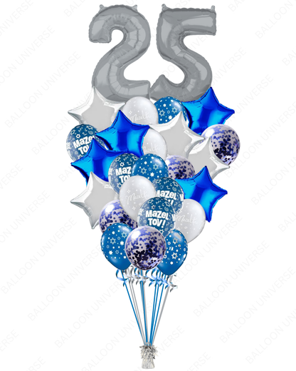 Blue & Silver Mazel Tov Balloon Bouquet with Customizable Number Balloons