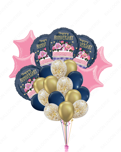 Elegant Gold & Blue Happy Anniversary Balloon Bouquet