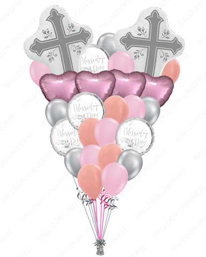 Blessed Day Religious Cross Balloon Set -  Pink, Rose Gold & Silver Balloons
