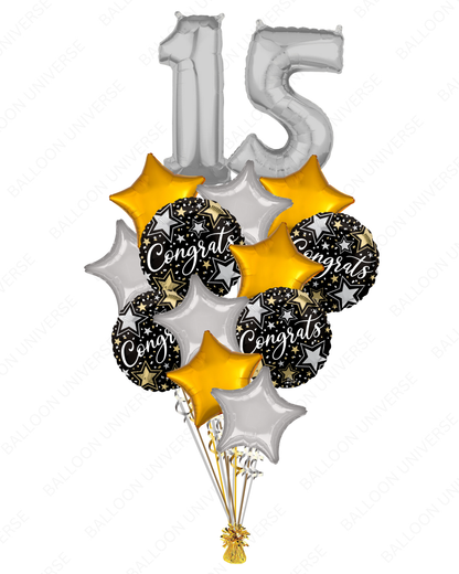 Elegant Silver Number Balloons with Congrats & Star Mylar (Customizable)