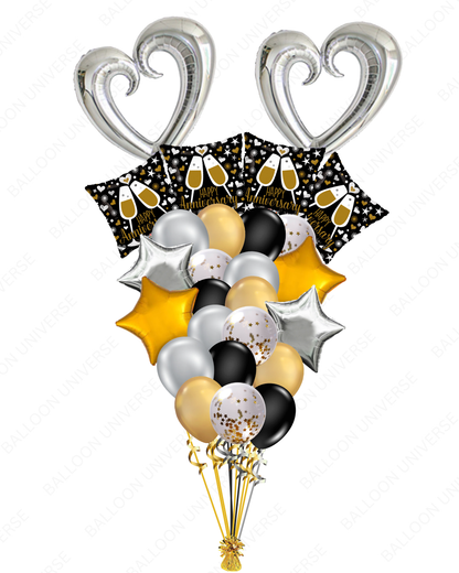 Happy Anniversary Balloons Set  - Supershape Linking Heart, Stars & Confetti Latex