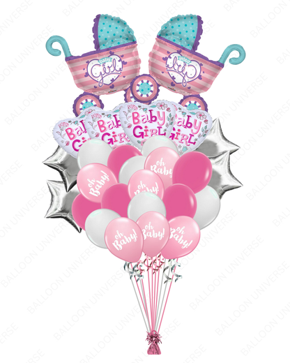 Sweet Baby Girl Stroller Balloon Bouquet - Pink & Silver Theme