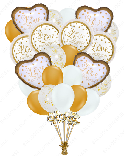 Romantic Love Always & Forever Foil Balloon Bouquet – Gold & White Theme