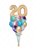 12 Chrome Balloons in Multi Colors with 2 Custom Gold Numbers