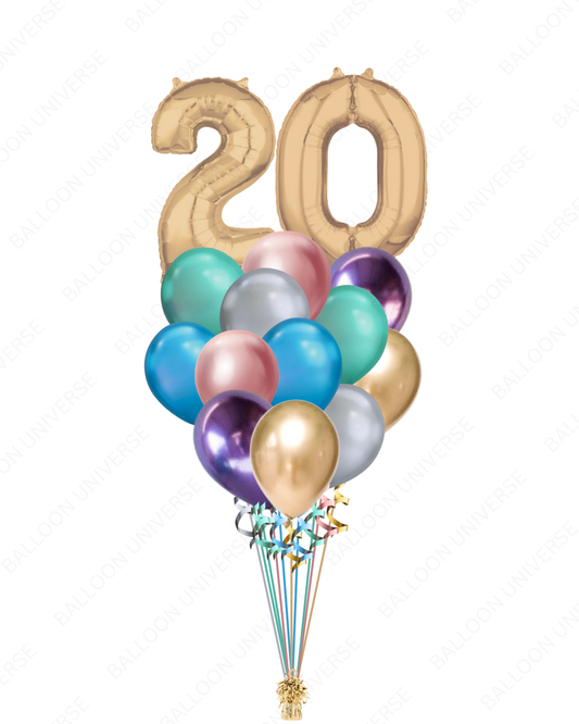 12 Chrome Balloons in Multi Colors with 2 Custom Gold Numbers