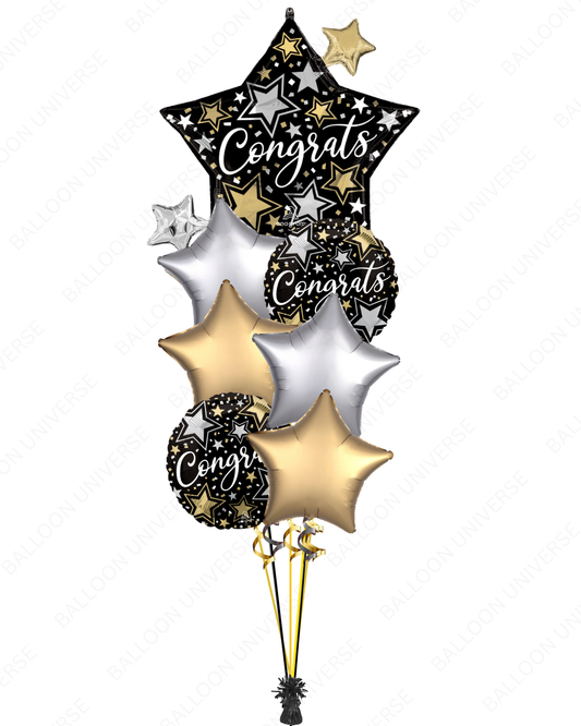 SuperShape Congrats Star Balloon Bouquet in Black, Silver & Gold