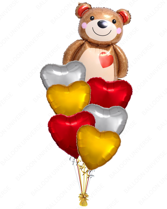 Balloon bouquet with a bear shaped balloon and heart-shaped balloons 