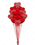 Bouquet of red heart-shaped balloons with 'LOVE you' 